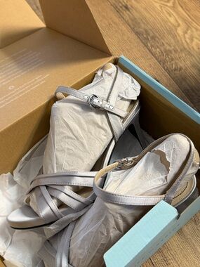 Life Stride Silver Satin Crisscross Ankle Strap Sandals